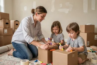 Mère et enfants en train d'étiqueter des cartons de déménagement dans un salon à moitié vidé