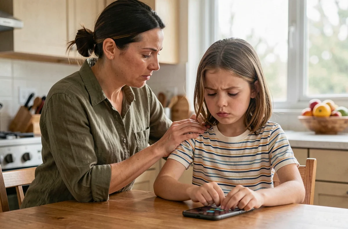 Mère posant sa main sur l'épaule de sa fille pour l'encourager à poser son smartphone sur la table de cuisine, symbolisant la gestion du temps d'écran par les parents
