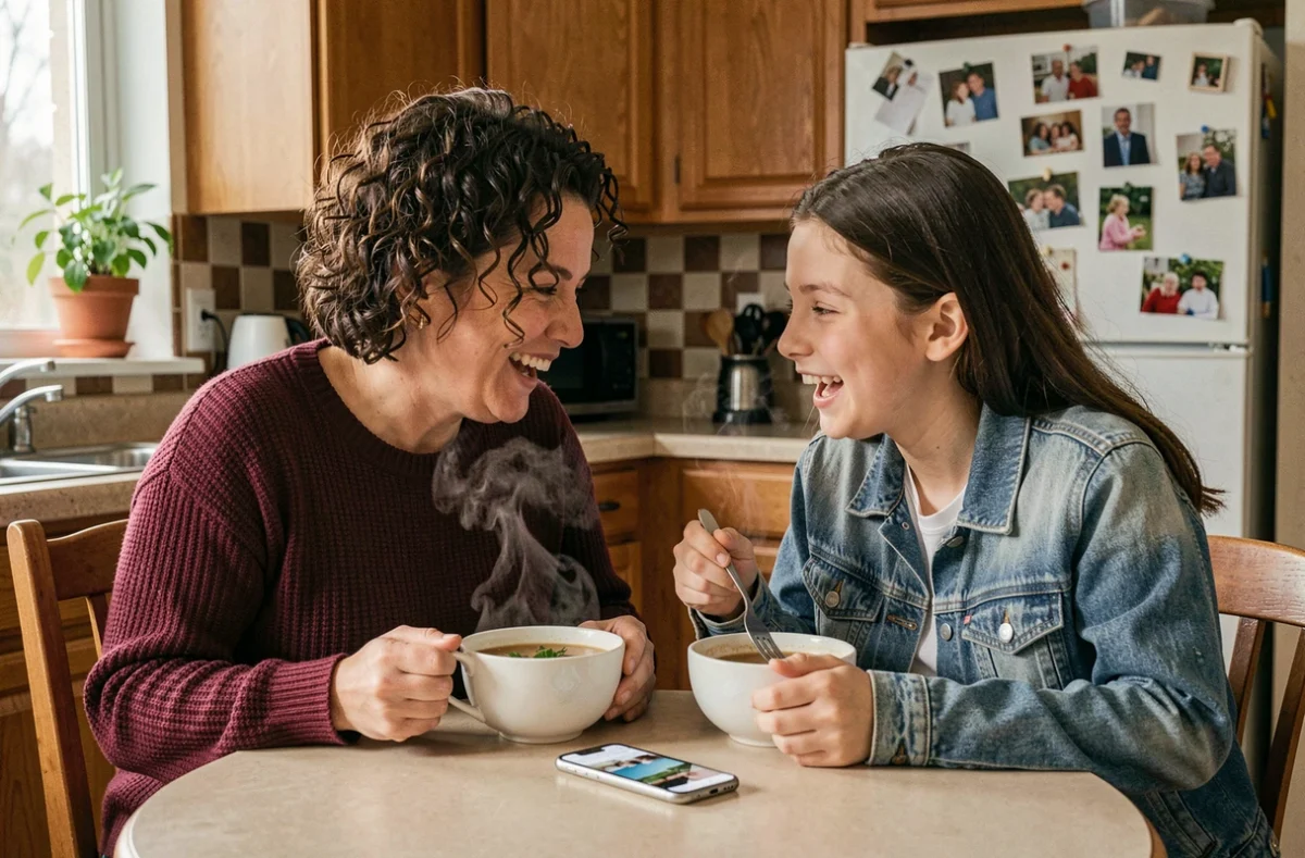 Mère célibataire et sa fille adolescente partageant un repas de soupe maison dans une cuisine familiale chaleureuse, en pleine conversation complice