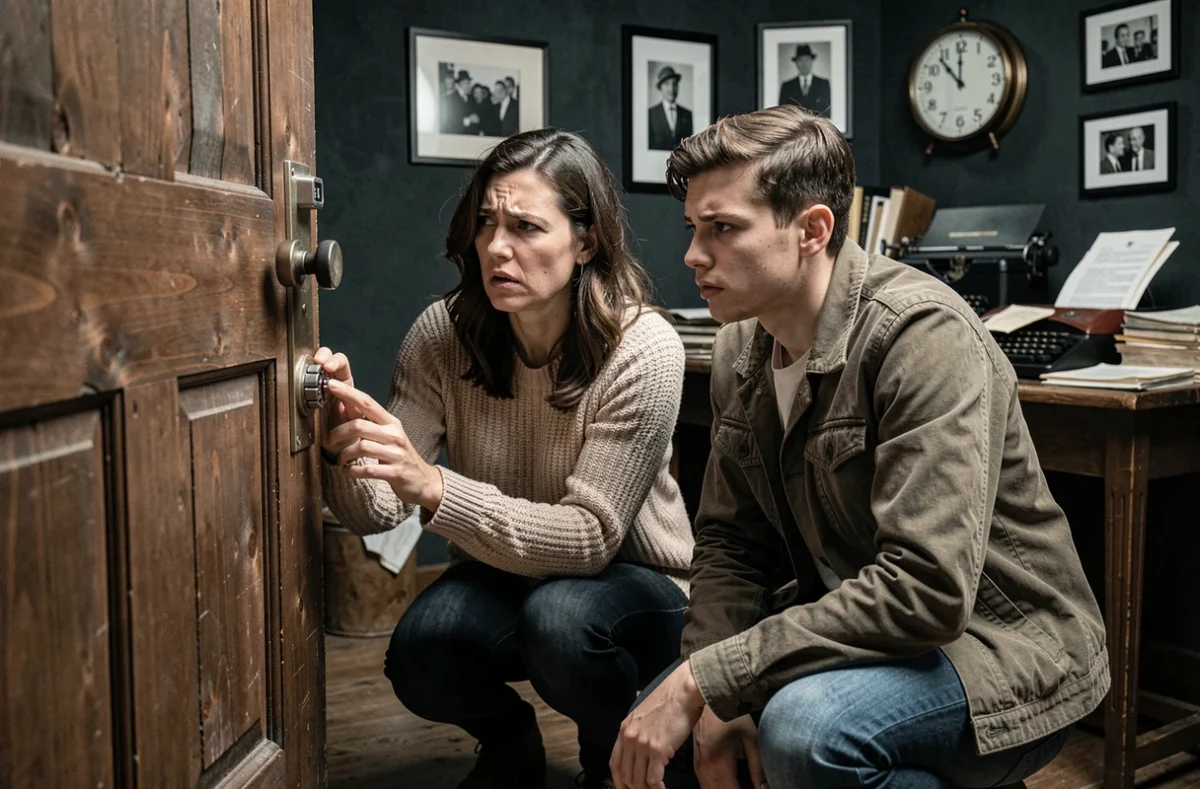 Mère et fils adulte tentant d'ouvrir un cadenas sur une porte dans un escape game au décor de détective vintage