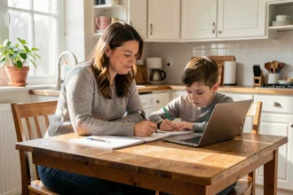 Mère aidant son enfant à faire ses devoirs tout en travaillant à domicile, équilibre vie pro et familiale