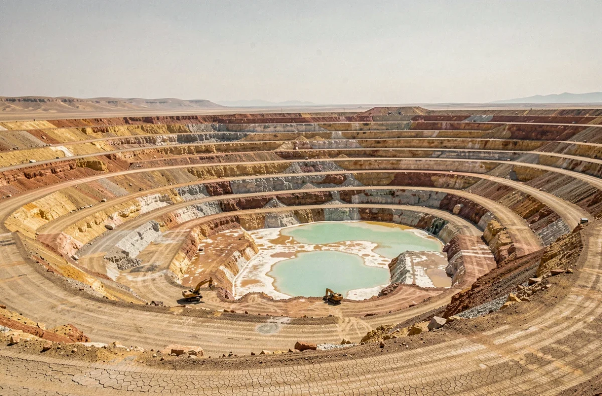 Mine de lithium à ciel ouvert dans un paysage désertique aride révélant l'impact environnemental des voitures électriques