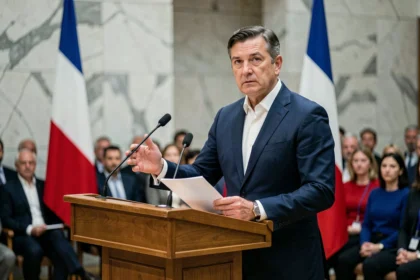 Ministre présentant la réforme des retraites lors d'une conférence de presse officielle dans un bâtiment gouvernemental français