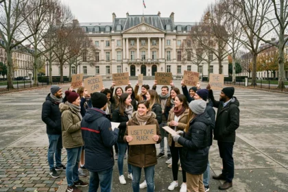 Mobilisation étudiante devant une faculté en pierre, groupe de jeunes tenant des pancartes manuscrites sur une place urbaine pavée
