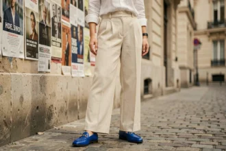 Femme portant des mocassins bleu cobalt avec un pantalon crème dans une rue pavée parisienne