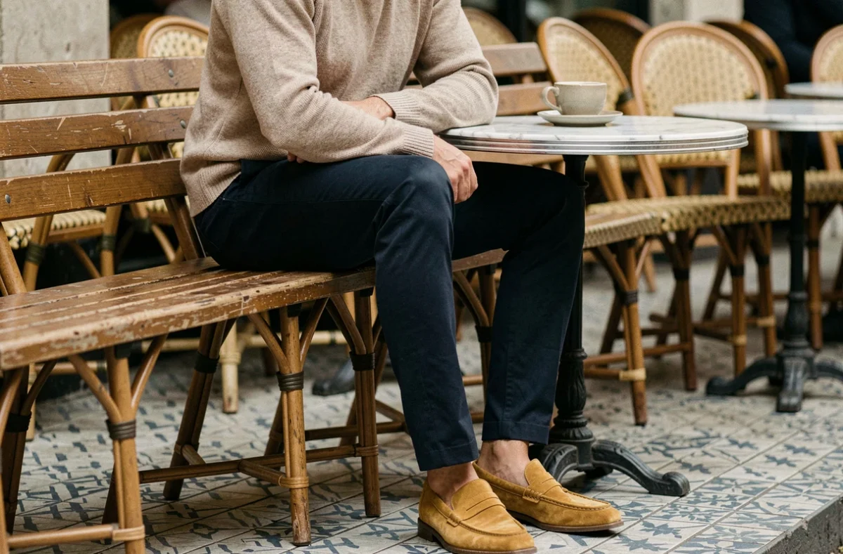 Homme en mocassins jaune moutarde assis en terrasse de café parisien