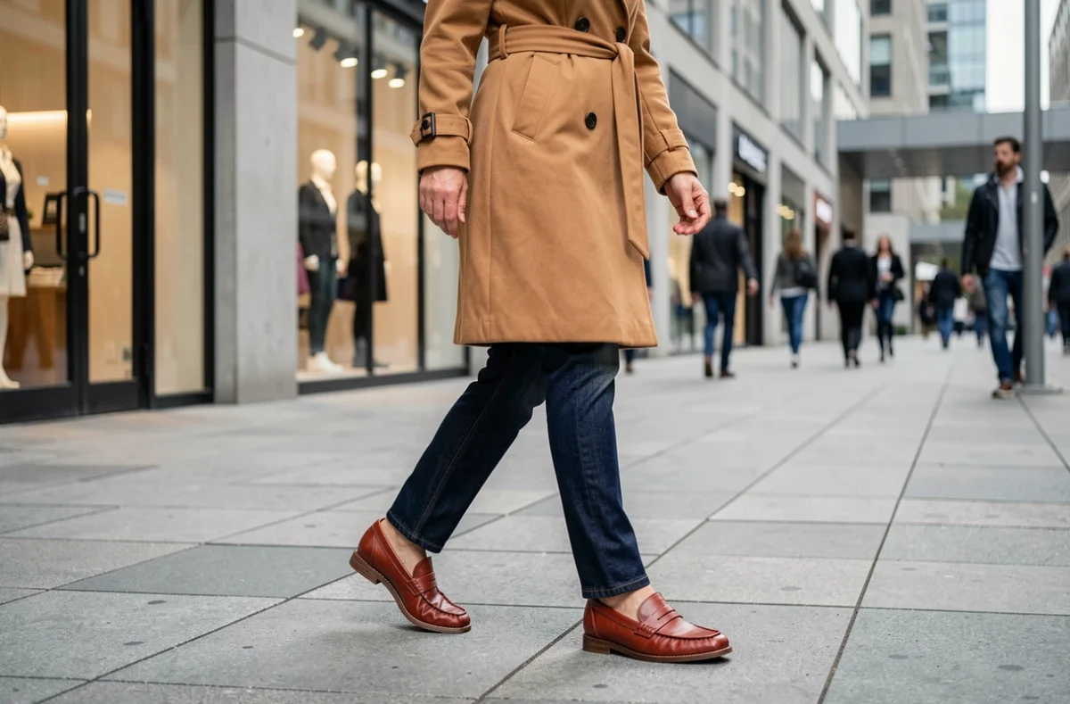 Femme en mocassins terracotta marchant dans un quartier commercial urbain moderne