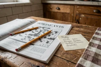 Magazine de mots fléchés ouvert sur une table en bois avec un crayon et une note mémo manuscrite pour retenir les villes françaises