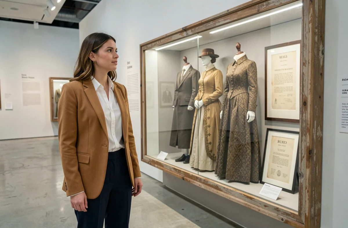 Jeune femme dans un musée de la mode observant une exposition sur l'histoire des premières marques de vêtements