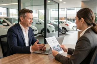 Un homme négocie un geste commercial avec un vendeur automobile dans un bureau de concession moderne