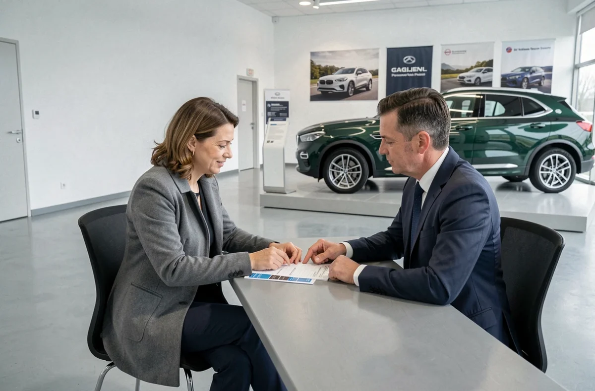 Une femme négocie le prix d'un véhicule avec un vendeur allemand dans un showroom automobile moderne en Allemagne, papiers et contrat sur le bureau