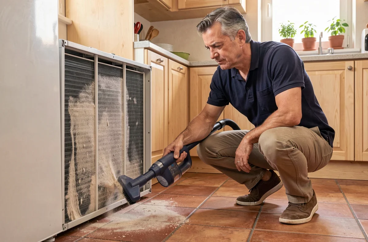 Homme nettoyant les condenseurs d'un réfrigérateur pour améliorer ses performances et sa longévité