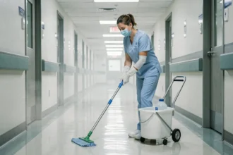 Agent d'entretien hospitalier nettoyant un couloir avec une solution désinfectante dans un hôpital