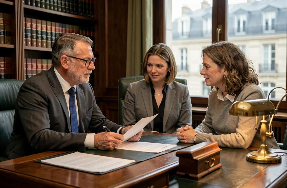 Notaire expliquant les avantages juridiques d'une SCI familiale à un couple
