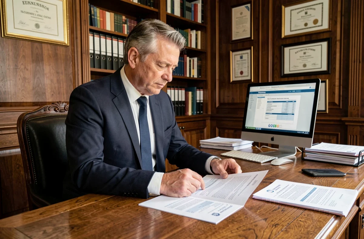 Notaire examinant des documents fiscaux relatifs à la classification d'une résidence secondaire dans son bureau