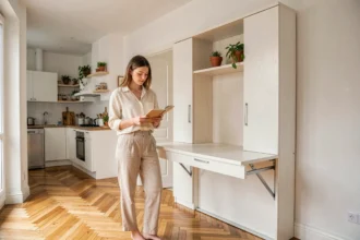 Femme aménageant un petit studio avec un lit escamotable intégré dans une bibliothèque murale en bois blanc