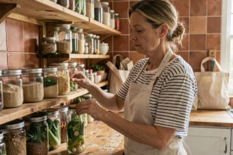 Femme organisant des bocaux en verre de légumes et de céréales dans une cuisine écologique pour éviter le gaspillage alimentaire