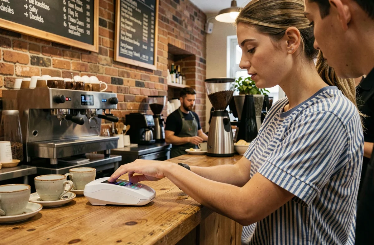 Une jeune femme règle sa commande sans contact avec une montre connectée dans un café parisien