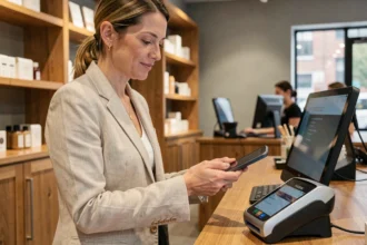 Une femme paie sans contact avec son smartphone dans une boutique moderne