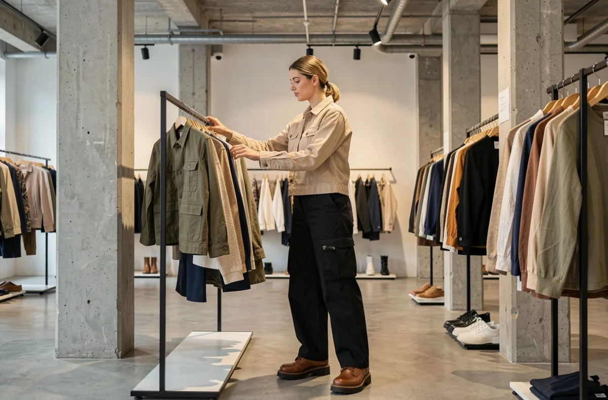 Femme en pantalon cargo noir large dans un concept store minimaliste au style industriel