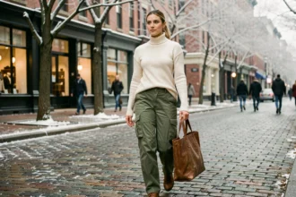 Femme portant un pantalon cargo kaki en hiver dans une rue pavée avec manteau et sac en cuir