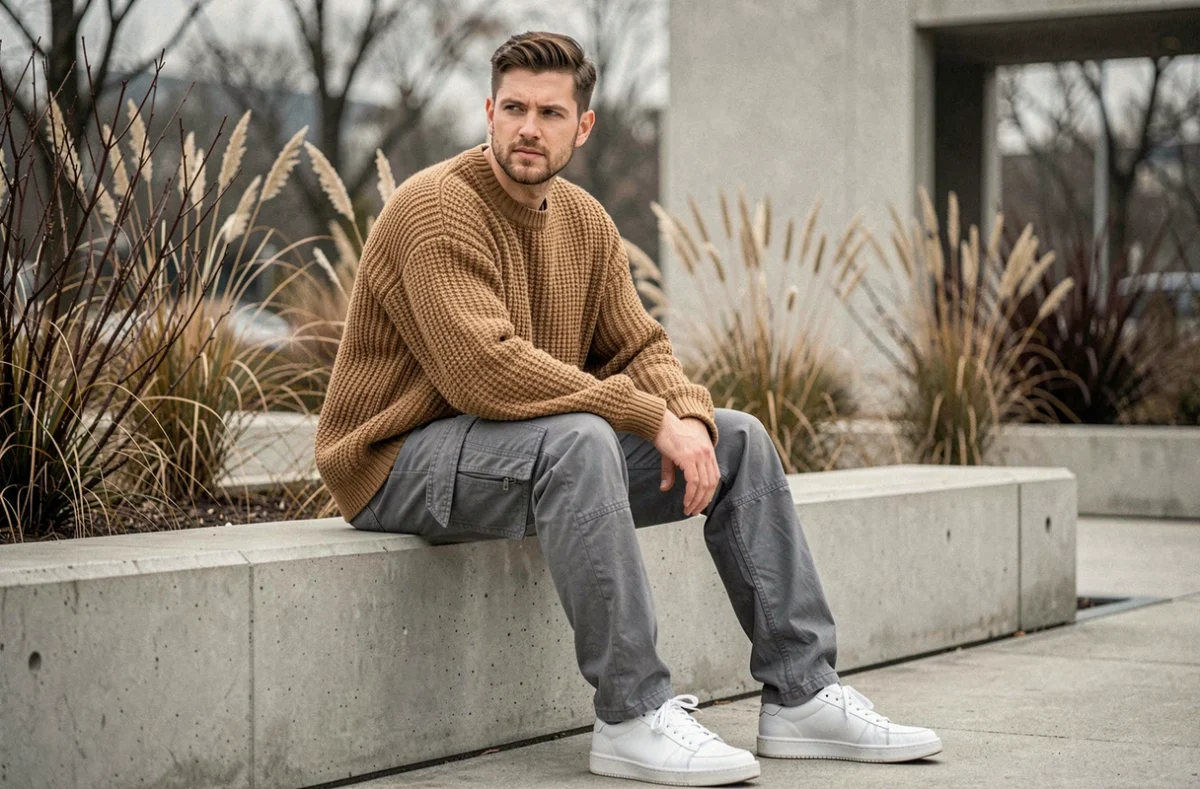 Homme assis dans un parc en hiver avec un pantalon cargo gris et pull en laine camel