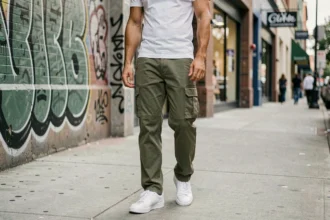 Homme portant un pantalon cargo kaki dans un environnement urbain avec mur en béton en arrière-plan
