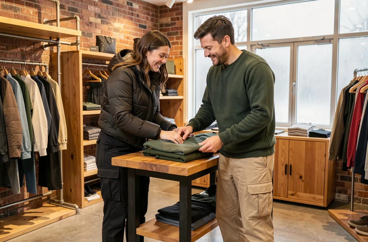 Deux amis en pantalons cargo tendance dans une boutique de mode en hiver