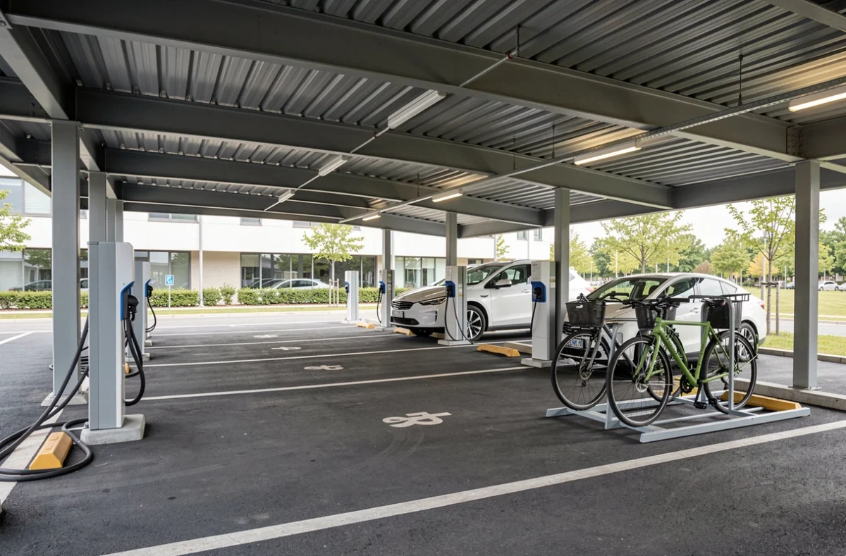 Parking d'entreprise avec bornes de recharge et abri à vélos