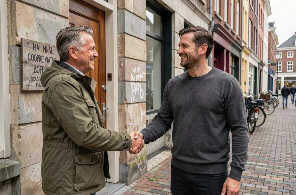 Deux entrepreneurs se serrant la main devant la façade d'une coopérative urbaine, symbolisant un partenariat d'affaires en milieu citadin