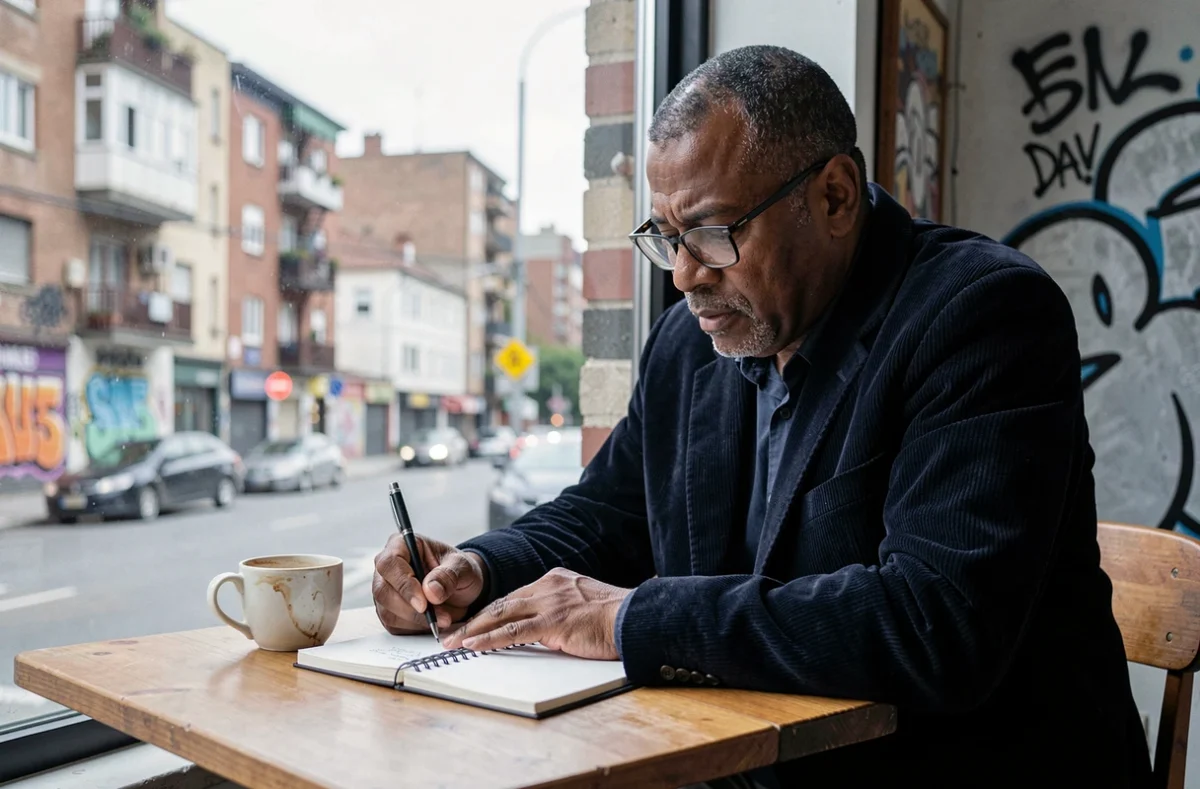 Homme participant à un atelier d'écriture dans un quartier urbain, concentré sur son cahier près d'une fenêtre avec vue sur la rue