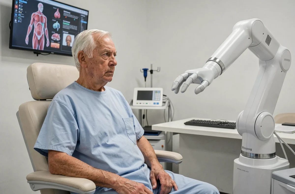 Patient âgé face à un dispositif médical robotique piloté par intelligence artificielle lors d'une consultation médicale
