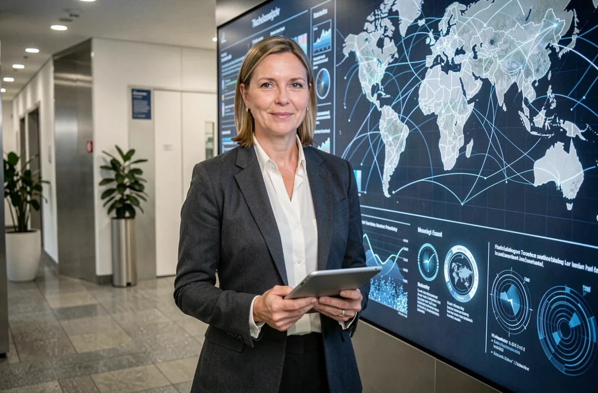 Dirigeante technologique devant une carte mondiale de l'infrastructure numérique dans un ministère finlandais, illustrant le leadership des pays nordiques en matière d'informatique et de transformation numérique