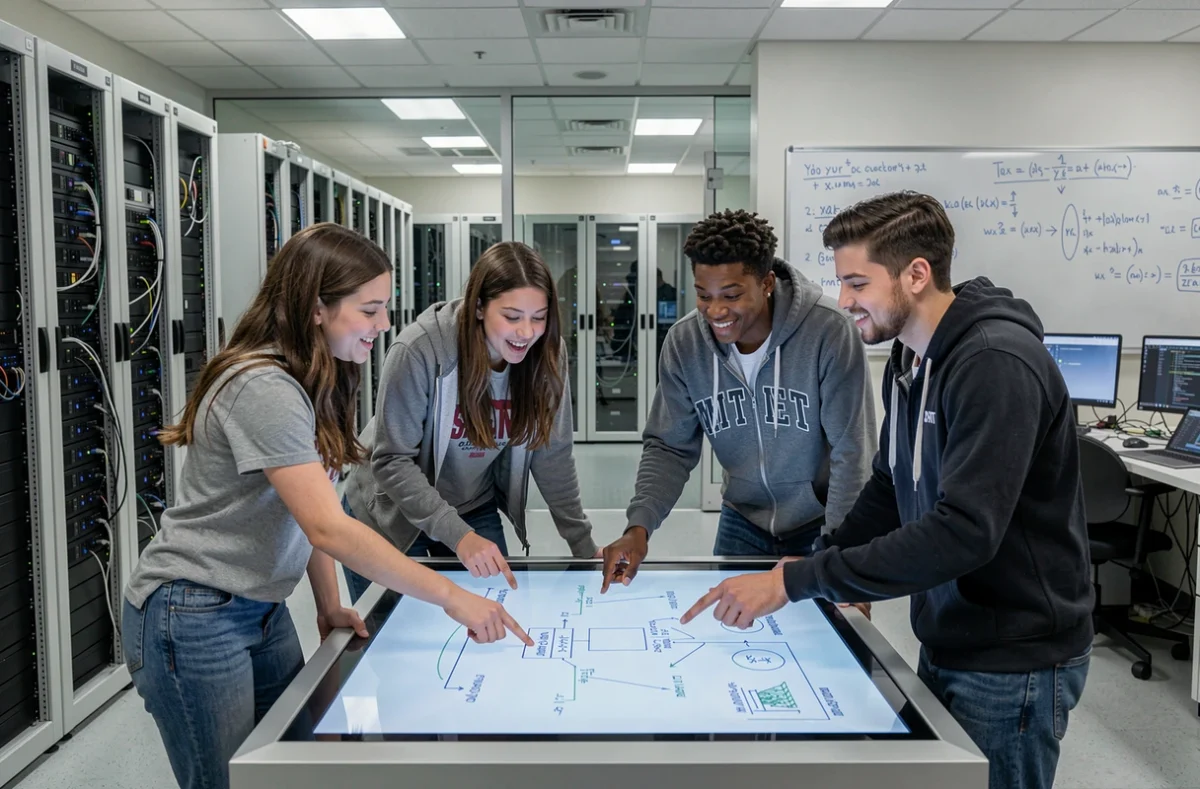 Groupe d'étudiants en informatique collaborant autour d'une table tactile dans un laboratoire universitaire high-tech aux États-Unis, symbole de l'innovation mondiale en technologie
