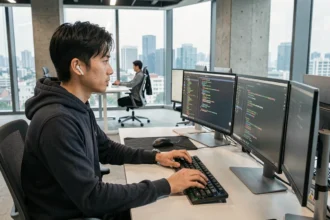 Ingénieur informaticien asiatique travaillant sur plusieurs écrans dans un bureau technologique moderne à Séoul, illustrant l'avance numérique de la Corée du Sud