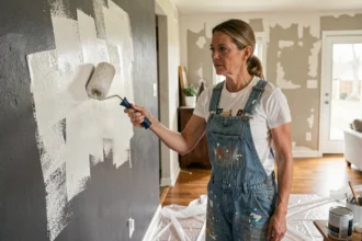 Femme appliquant une peinture couvrante blanche sur un mur gris foncé avec un rouleau large lors d'une rénovation intérieure