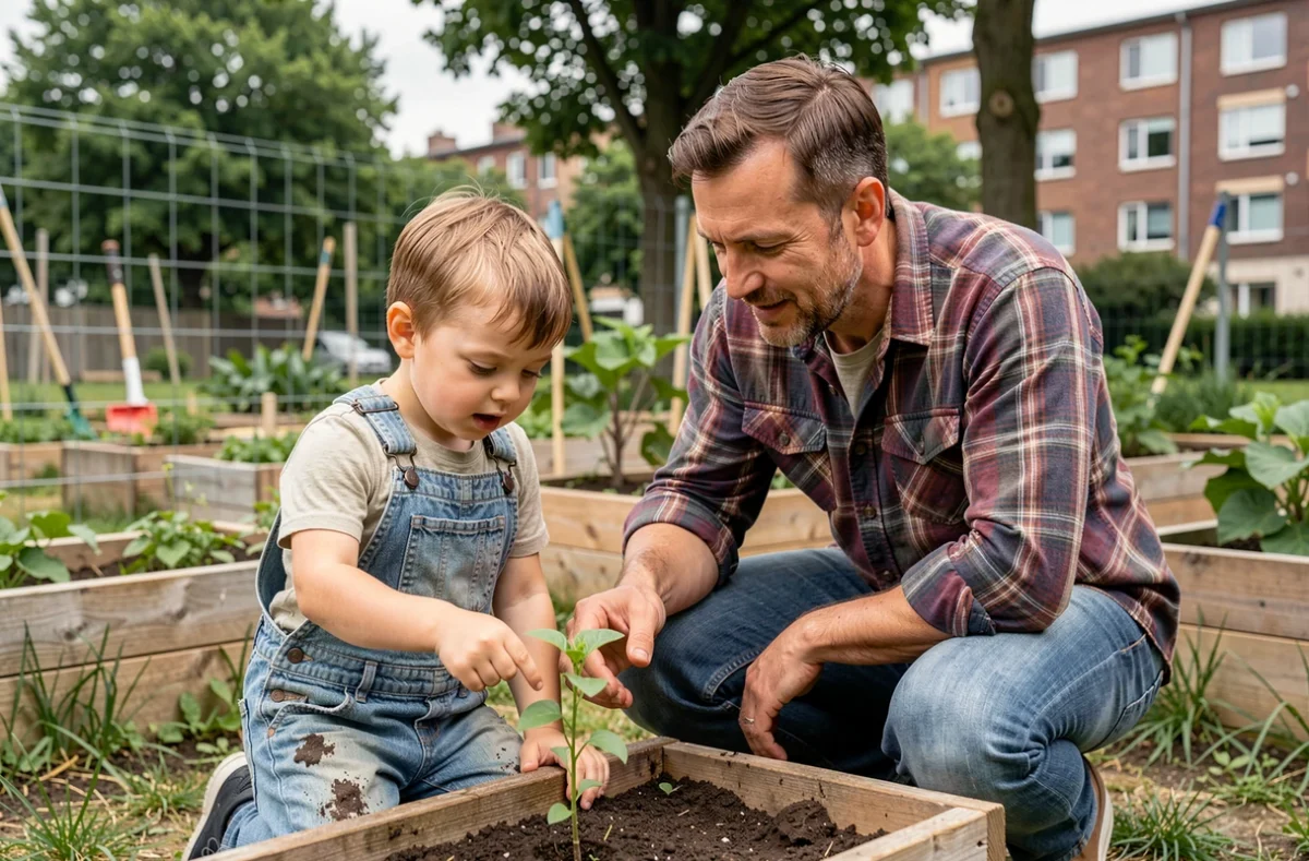 Un père et son fils explorent ensemble un jardin urbain, illustrant l'implication parentale et la curiosité intellectuelle comme facteurs clés de la réussite de l'enfant