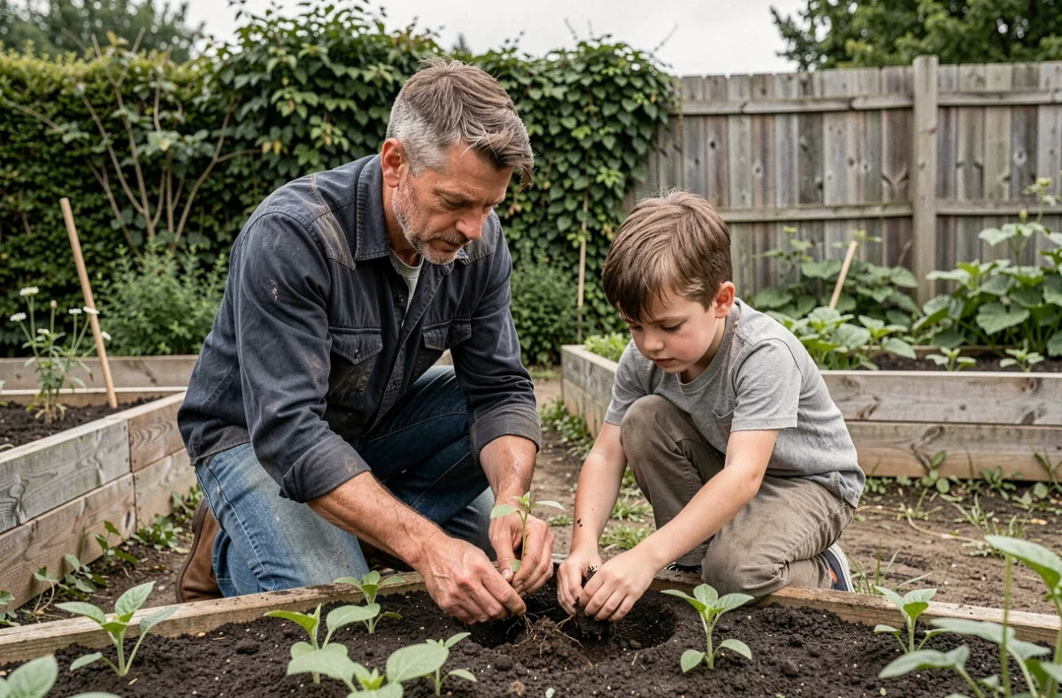 Père et fils jardinant ensemble en plein air, apprentissage des valeurs de responsabilité et de respect de la nature au sein de la famille