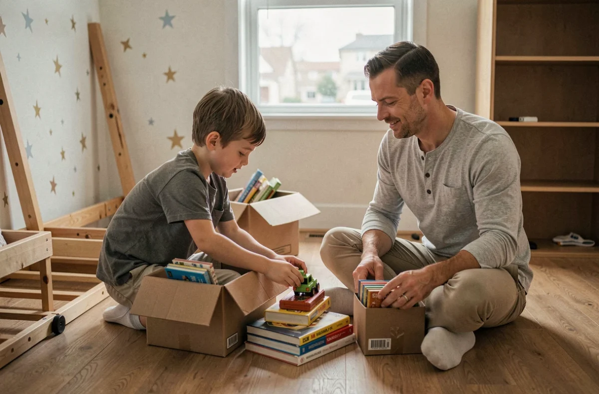 Père et fils rangeant des jouets dans des cartons dans une chambre d'enfant lors d'un déménagement