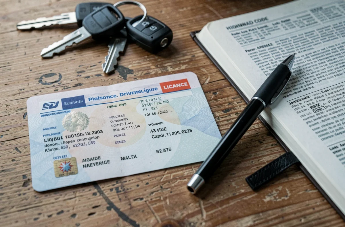 Permis de conduire français posé sur un bureau à côté du code de la route et de clés de voiture