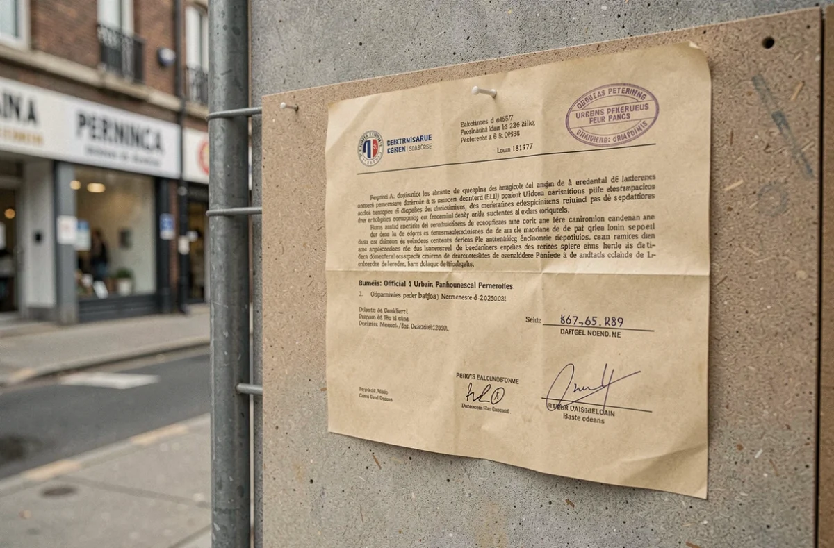 Permis de construire officiel affiché sur un chantier de conversion d'un local commercial en logement en milieu urbain