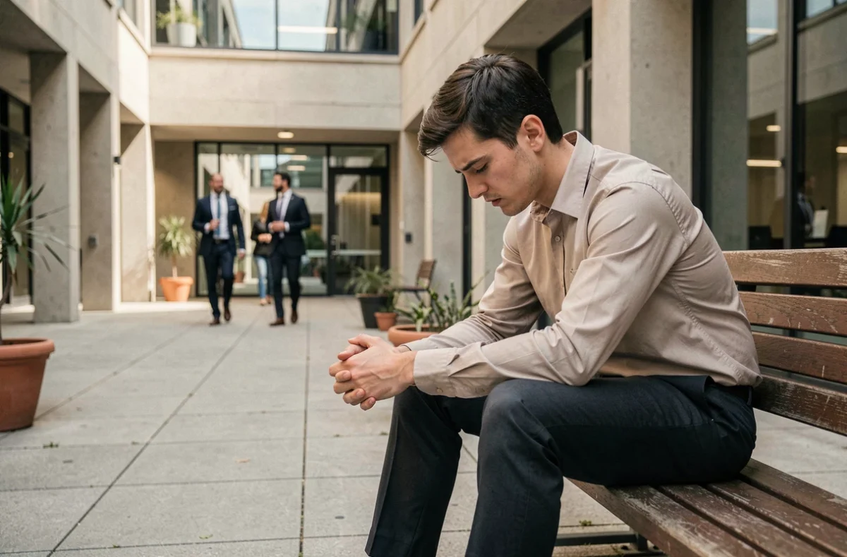 Personne épuisée assise sur un banc devant un immeuble de bureaux, illustrant le manque de bien-être au travail
