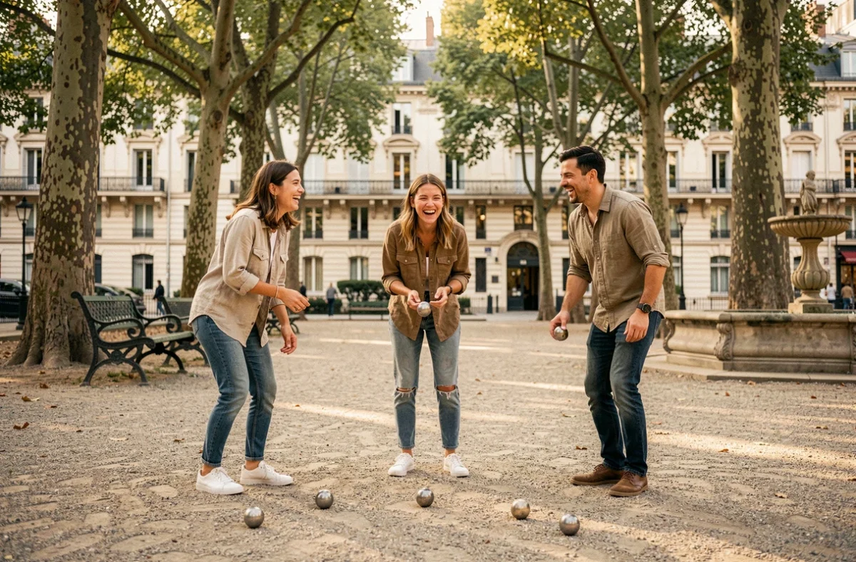 Groupe de personnes jouant à la pétanque dans un square urbain ombragé au cœur de la ville