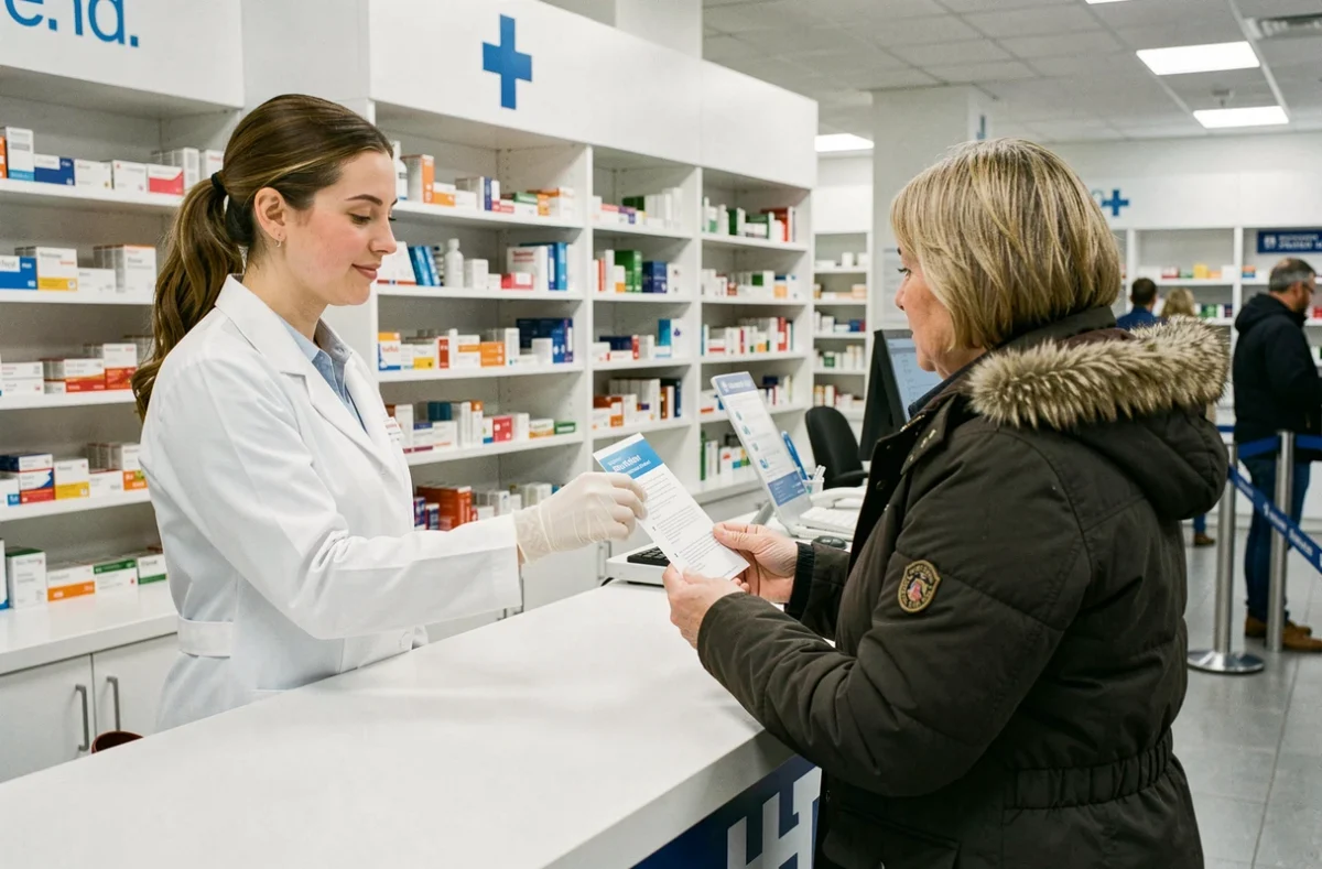 Pharmacienne remettant une brochure d'information sur le vaccin antigrippal à une cliente en pharmacie