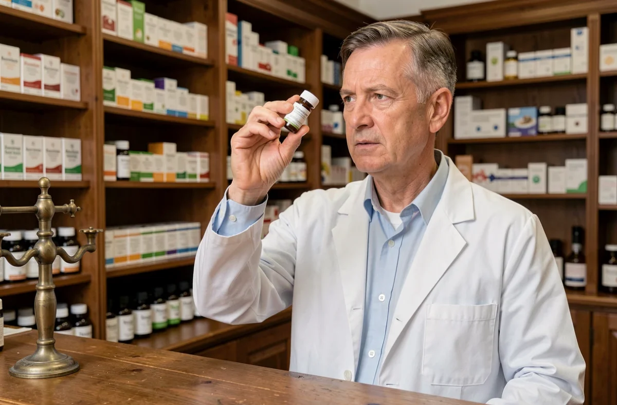 Pharmacien examinant un tube de granules homéopathiques dans une pharmacie traditionnelle