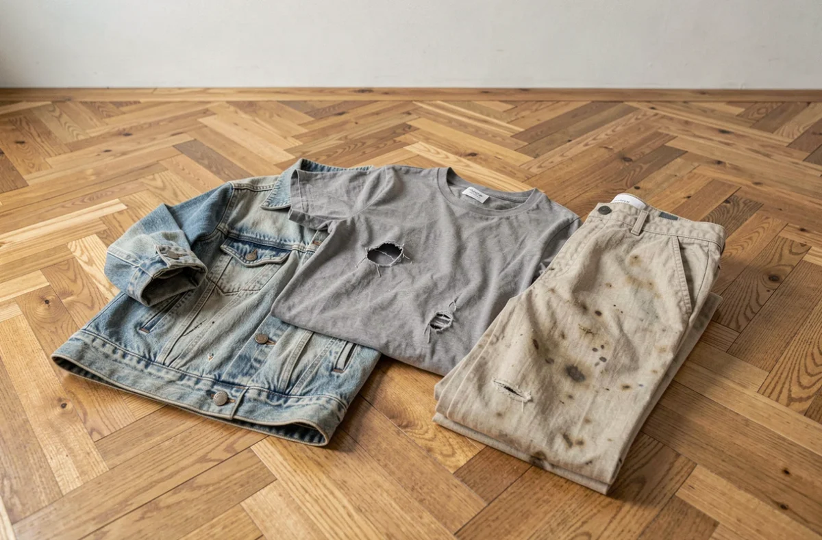 Pile de vêtements usés et abîmés posés sur un parquet en bois, prêts à être triés