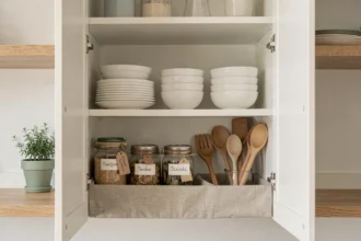 Placard de cuisine ouvert organisé de façon minimaliste avec vaisselle blanche, bocaux en verre étiquetés et ustensiles en bois rangés avec soin