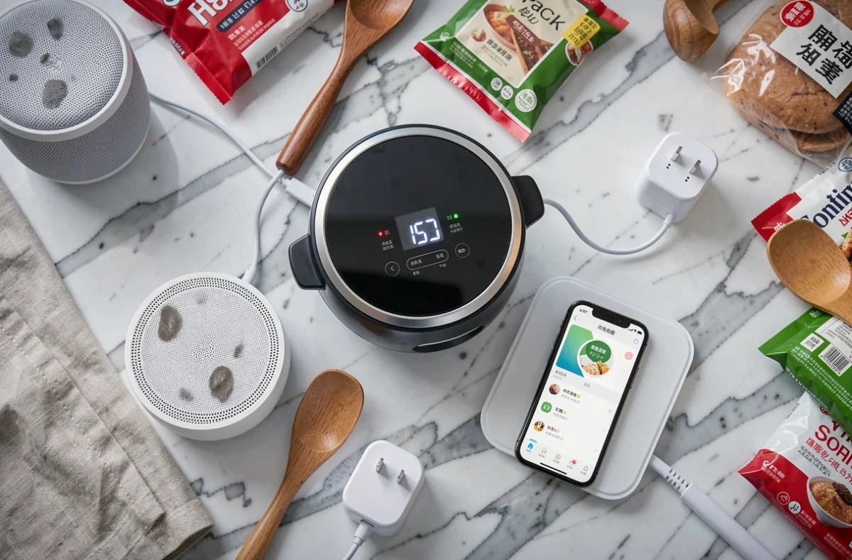 Vue aérienne d'un plan de travail avec plusieurs objets connectés pour la cuisine du quotidien