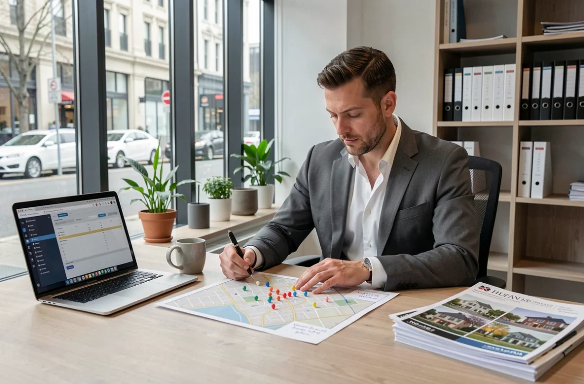 Agent immobilier analysant une carte de secteur pour planifier sa prospection immobilière