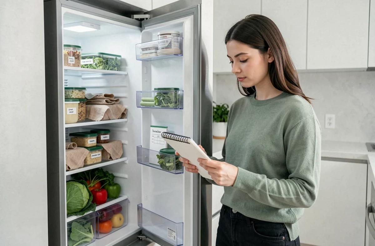 Jeune femme consultant un carnet de planification de repas devant un réfrigérateur bien organisé pour lutter contre le gaspillage alimentaire